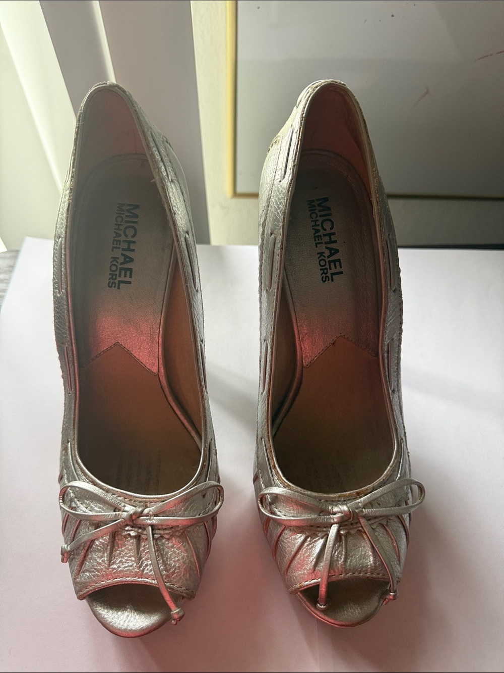 Michael Kors Metallic Silver Peep-Toe Platform Heels Size 7 - Picture 3 of 5